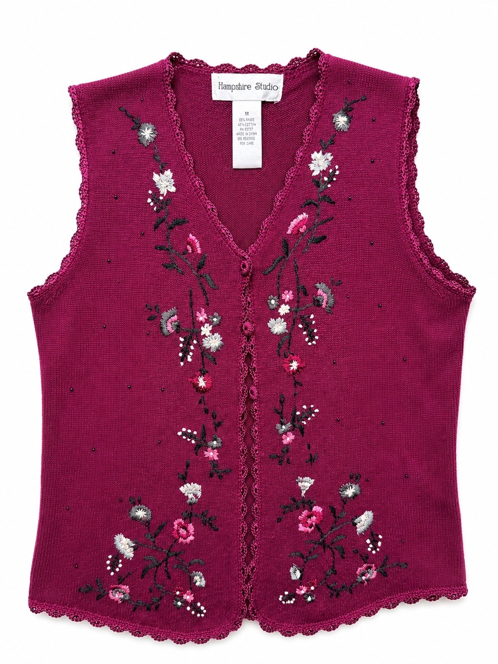 VTG 90s Hampshire Studio Floral Embroidered Sweater Vest M Burgundy Grannycore